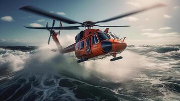 helikopter met een overleving zwemmer hangende uit, gegenereerd ai beeld foto