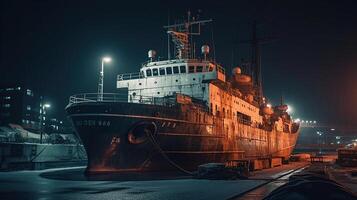 ijsbreker schip in de arcisch Bij nacht , gegenereerd ai beeld foto