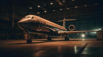 een zwart privaat Jet staand in een hangar Bij nacht, gegenereerd ai beeld foto