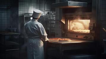 chef in wit uniform en haarnetje zetten pizza in de oven, gegenereerd ai beeld foto