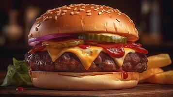 cheeseburger, inclusief de type van broodje, vlees pasteitje, kaas, saus, en toppings, gegenereerd ai beeld foto