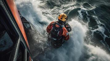 helikopter met een overleving zwemmer hangende uit, gegenereerd ai beeld foto