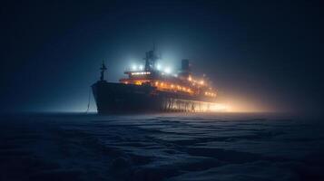 reis schip ijs breker is getoond Bij nacht, snijden door de mistig wateren, gegenereerd ai beeld foto