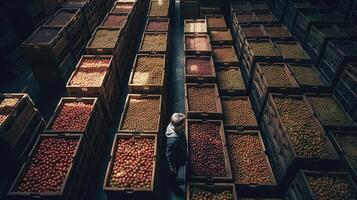 arbeider staand door appel fruit kratten in biologisch voedsel fabriek magazijn, gegenereerd ai beeld foto