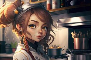 illustratie van een mooi tekenfilm chef meisje in de keuken ai gegenereerd foto