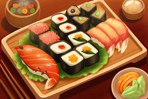 houten tekenfilm sushi bord, ai gegenereerd foto