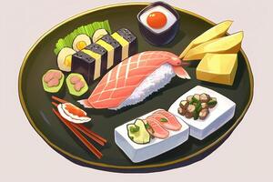 tekenfilm sushi bord, ai gegenereerd foto