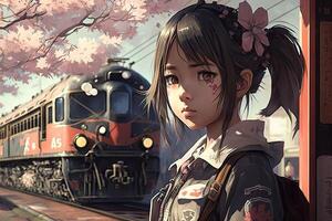 mooi anime meisje Bij trein station, ai gegenereerd foto