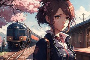 schattig anime meisje Bij trein station, ai gegenereerd foto