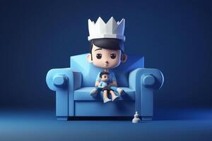 3d renderen van een jongen vervelend een kroon zittend Aan een sofa generatief ai foto