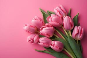 gelukkig moeder dag mooi tulpen Aan kleur achtergrond, top visie. ruimte voor tekst generatief ai foto