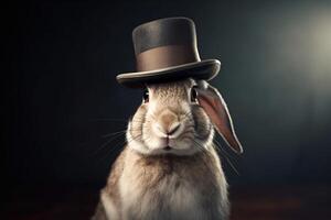 heer, baas pluizig konijn, haas in een hoed, pak en binden. banier kop. ai gegenereerd. foto