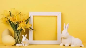 vrij foto een leeg wit grens kader versierd met lelie bloemen, konijn beeldje en Pasen eieren Aan geel achtergrond, genereren ai