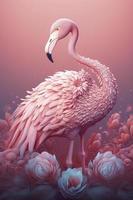 geheel lichaam lengte gedetailleerd, ultrarealistisch schattig dier van flamingo licht roze in fantasie hemel, binnen pastel kleur, fantasie surrealisme wonderland, waterverf, genereren ai foto