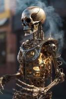 sprookje steampunk robot skelet komt tevoorschijn van de vloeistof koper. stomende hart en longen binnen zijn borst. wandelen door de steampunk stad, genereren ai foto