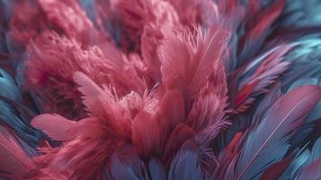 een helder blauw achtergrond met een diep karmijn roze flamingo veren, in de stijl van zacht en dromerig pastel kleuren, glinsterend licht Effecten, natuur geïnspireerd beeldspraak, genereren ai foto