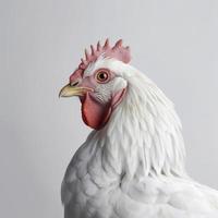 portret van een gember kip staand geïsoleerd Aan wit achtergrond, profiel visie van een kip wit achtergrond, fotorealistisch, hyperrealisme, genereren ai foto