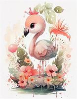 goed waterverf schattig gelukkig chibi flamingo met bloemrijk sprookje achtergrond, zacht pastel kleuren, genereren ai foto
