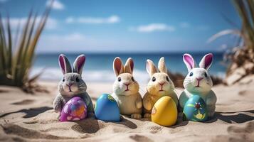 Pasen konijntjes en kleurrijk Pasen eieren Aan een zand strand Pasen vakantie generatief ai foto