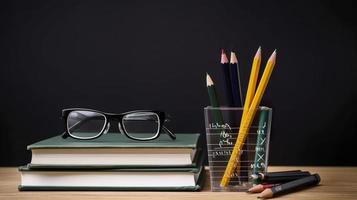 vrij foto stack van boeken met potlood houder en bril tegen een schoolbord, genereren ai