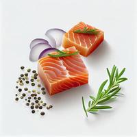 Zalm plakjes geïsoleerd Aan wit achtergrond met knipsel pad, kubussen van rood vis met rozemarijn en peperkorrels, ingrediënt voor sushi of salade, genereren ai foto