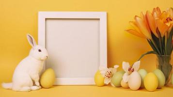vrij foto een leeg wit grens kader versierd met lelie bloemen konijn beeldje en Pasen eieren Aan geel achtergrond, genereren ai