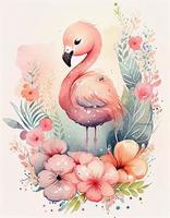 goed waterverf schattig gelukkig chibi flamingo met bloemrijk sprookje achtergrond, zacht pastel kleuren, genereren ai foto