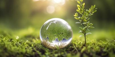 foto glas wereldbol bal met boom groeit en groen natuur vervagen achtergrond eco aarde dag concept, genereren ai