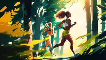 joggers rennen buitenshuis, digitaal kunst illustratie, generatief ai foto