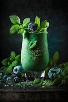 groen smoothie met bosbessen en munt bladeren. generatief ai. foto