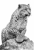 tekening van een sneeuw luipaard zittend Aan een steen. generatief ai. foto