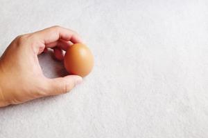 waman hand- Holding vers kip ei Aan wit beton verdieping achtergrond. de voordelen van aan het eten eieren zijn hoog eiwit. kopiëren ruimte foto