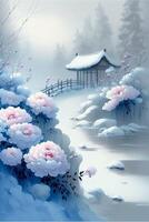 schilderij van bloemen en een brug in de sneeuw. generatief ai. foto