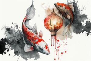 schilderij van een koi vis en een lantaarn. generatief ai. foto