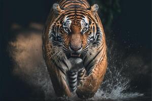 tijger rennen door een lichaam van water. generatief ai. foto