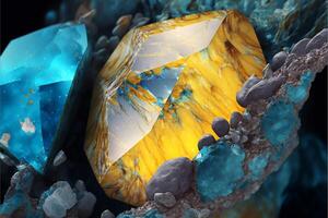 geel en blauw diamant zittend Aan top van een stapel van rotsen. generatief ai. foto