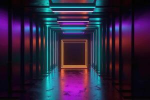 abstract achtergrond met gloeiend neon rechthoekig kader binnen de donker leeg kamer. futuristische technologie behang . ai gegenereerd foto
