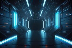 gang gang passage tunnel ruimteschip modern sci fi futuristische blauw neon laser stralen gloeiend tech illustratie . ai gegenereerd foto