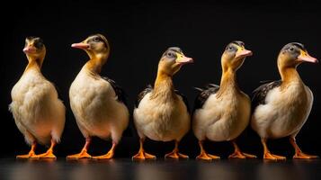 groep grappig eenden bekleed omhoog in een rij generatief ai foto