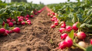 oogsten rood radijs in veld- generatief ai foto