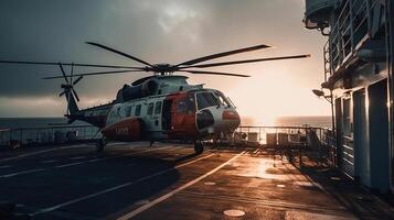 redden helikopter benaderingen de schip, gegenereerd ai beeld foto