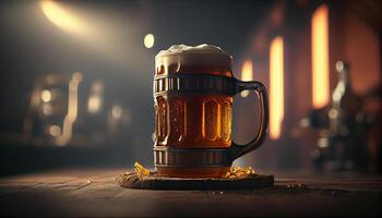 glas mok van bier met schuim in een bar, kroeg, brouwerij. lager drankje, pint, alcohol detailopname. generatief ai foto