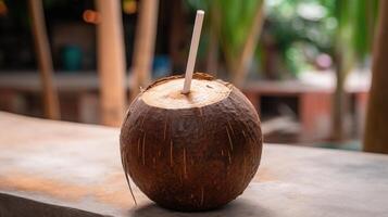 een kokosnoot met een rietje plakken uit. generatief ai foto