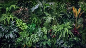 verticaal tuin met tropisch groen blad, contrast ai gegenereerd foto