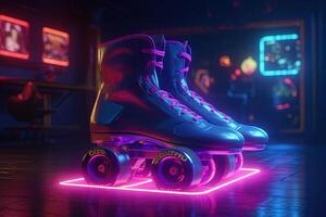 generatief ai, rol vleet in cyberpunk stijl, disco nostalgisch jaren 80, jaren 90. neon nacht lichten levendig kleuren, fotorealistisch horizontaal illustratie van de futuristische stad. sport werkzaamheid concept. foto