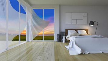 Het 3d teruggeven van moderne slaapkamer in zonsondergangtijd foto