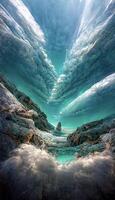 lichaam van water omringd door rotsen onder een bewolkt lucht. generatief ai. foto