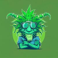 Mens met bril en een marihuana blad Aan zijn hoofd. generatief ai. foto