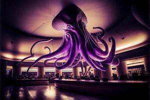 reusachtig Octopus hangende van de plafond van een restaurant. generatief ai. foto