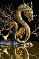 gouden draak standbeeld zittend Aan top van een lichaam van water. generatief ai. foto